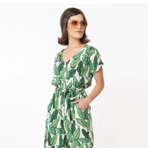 Hell Bunny Green Palm Leaf Rainforest Jumpsuit